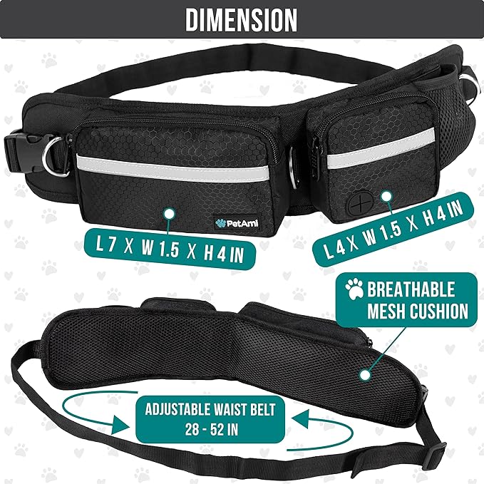 PetAmi Hands Free Dog Leash, Dog Running Leash Belt Bag for Walking, Jogging, Dog Waist Double Zipper Pouch with Poop Bag Dispenser, Dual Padded Handles Reflective Bungee Leash, Double