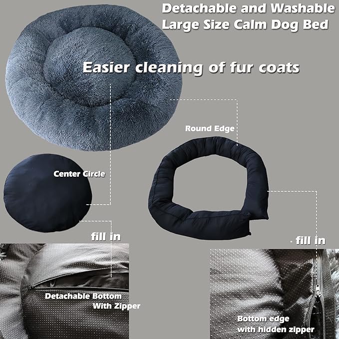 Dog Beds for Extra Large Dogs Calming Dog Bed Washable Fluffy Anti-Anxiety Round Pet Bed 45 Inches Detachable Dog Bed,Fits up to Large Dog