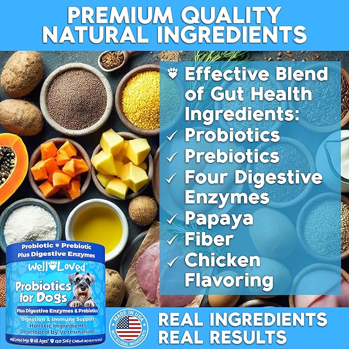 Probiotics for Dogs, Dog Probiotics and Digestive Enzymes, Made in USA, Vet Developed, Dog Probiotic Chews with Prebiotics, Diarrhea Treatment, for Itchy Skin, Gut Health & Gas Relief