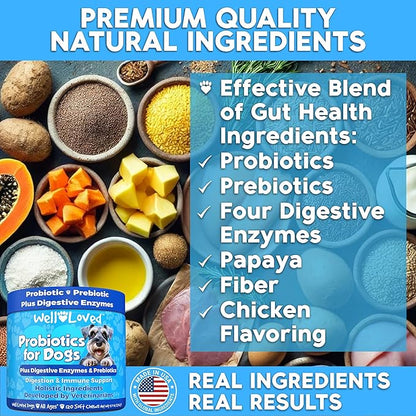 Probiotics for Dogs, Dog Probiotics and Digestive Enzymes, Made in USA, Vet Developed, Dog Probiotic Chews with Prebiotics, Diarrhea Treatment, for Itchy Skin, Gut Health & Gas Relief