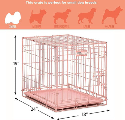 MidWest Homes for Pets Single Door iCrate 24" Pink Folding Metal Dog Crate w/ Divider Panel, Floor Protecting "Roller" Feet & Leak Proof Plastic Tray; 24L x 18W x 19H Inches, Small Dog Breed