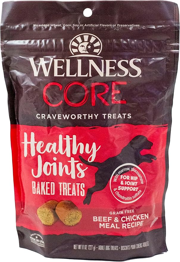 Wellness CORE Grain Free Dog Treats - 2 Flavor Variety Bundle: (1) Each: Healthy Joints Beef Chewy Baked, Power Packed Beef Venison Chewy Jerky (4-8 Ounces)