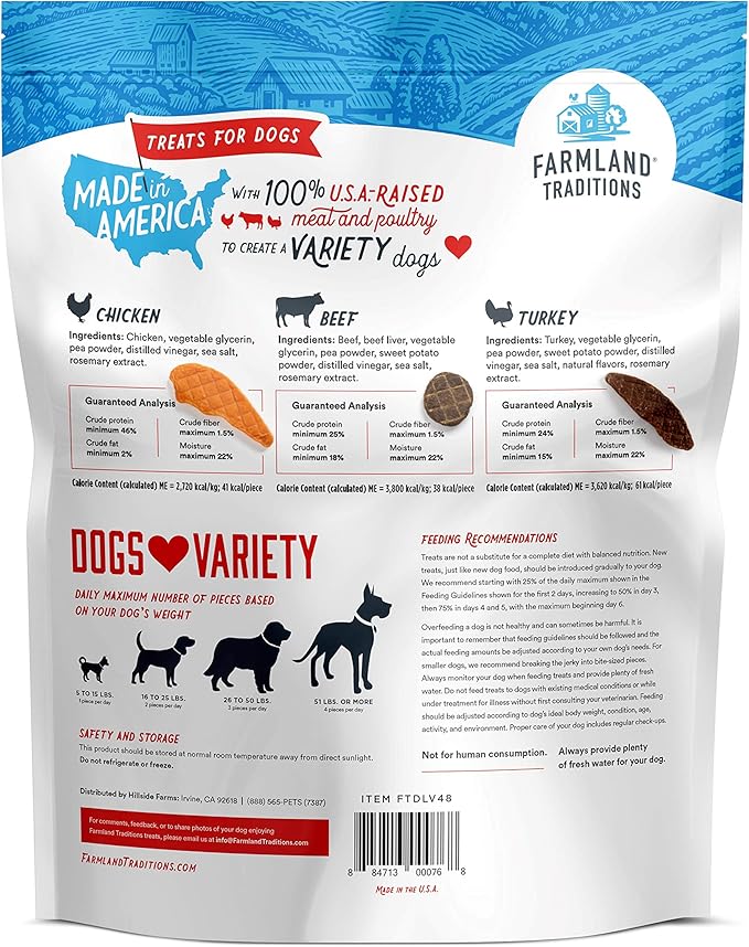 Farmland Traditions Filler Free Dogs Love Variety Premium Jerky Treats for Dogs, Chicken, Beef & Turkey, 3 lb. Bag