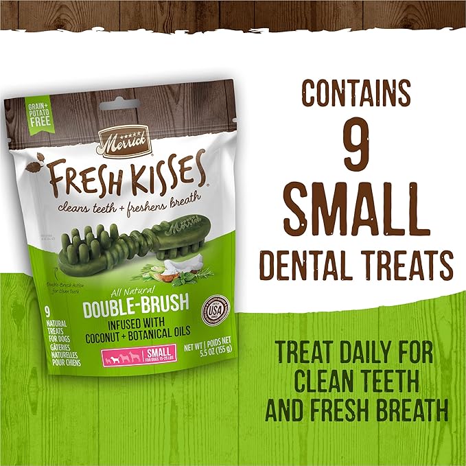 Merrick Fresh Kisses Double-Brush Dental Dog Treats with Coconut + Botanical Oils for Small Dogs, 9 Brushes, 5.5 OZ (Pack of 6)