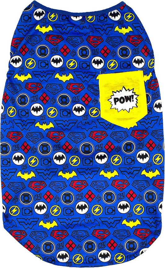 DC Comics Sleeveless T-Shirt for Dogs | DC Superheroes Logo Pattern Dog Tank Top | Blue Medium Dog Tank for Medium Size Dogs | Comfortable Dog Apparel & Accessories