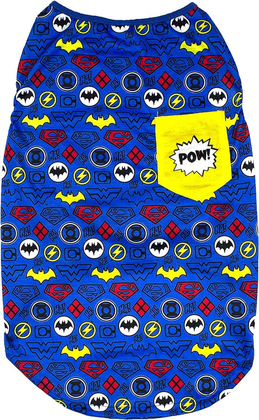 DC Comics for Pets Sleeveless T-Shirt for Dogs | DC Superheroes Logo Pattern Dog Tank Top | Blue Large Dog Tank | Cute and Comfortable Dog Tank Officially Licensed by DC Comics