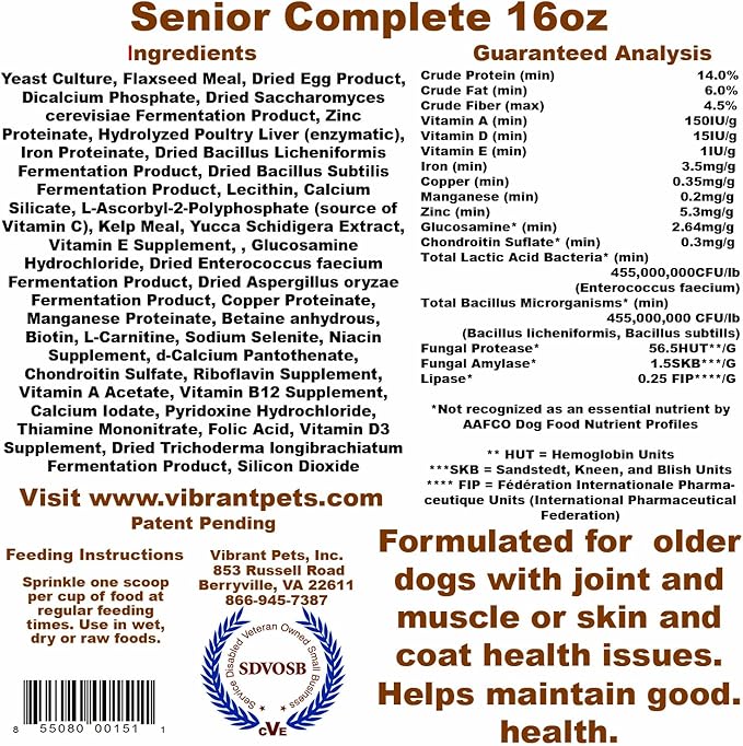 SC16 Senior Complete Dog Immune System Supplement | Older Dog Muscle and Joint Supplement with Probiotics and Enzymes for Digestion | Nutrient-Rich Skin and Coat Immune Booster Powder, 16 oz.