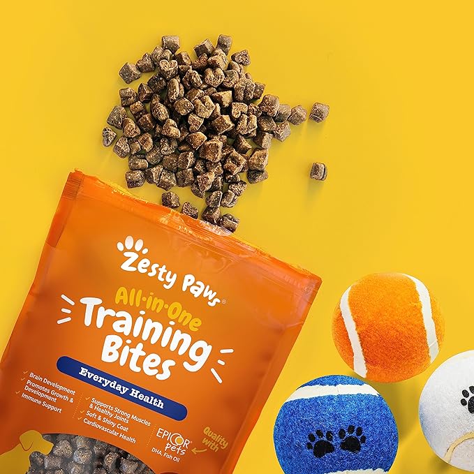 Zesty Paws Training Treats for Dogs & Puppies - Hip, Joint & Muscle Health - Immune, Brain, Heart, Skin & Coat Support - Bites with Fish Oil Omega 3 Fatty Acids with EPA & DHA - Bacon Flavor – 8oz