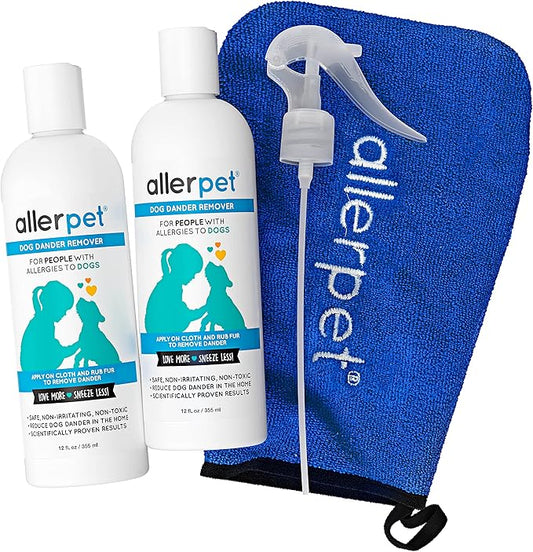 Allerpet Dog Dander Remover w/Free Applicator Mitt & Sprayer - Best Pet Dander Remover for Allergens - for Canine Dry Skin Treatment - Good for Fur & Skin - 2 Pack (12oz)