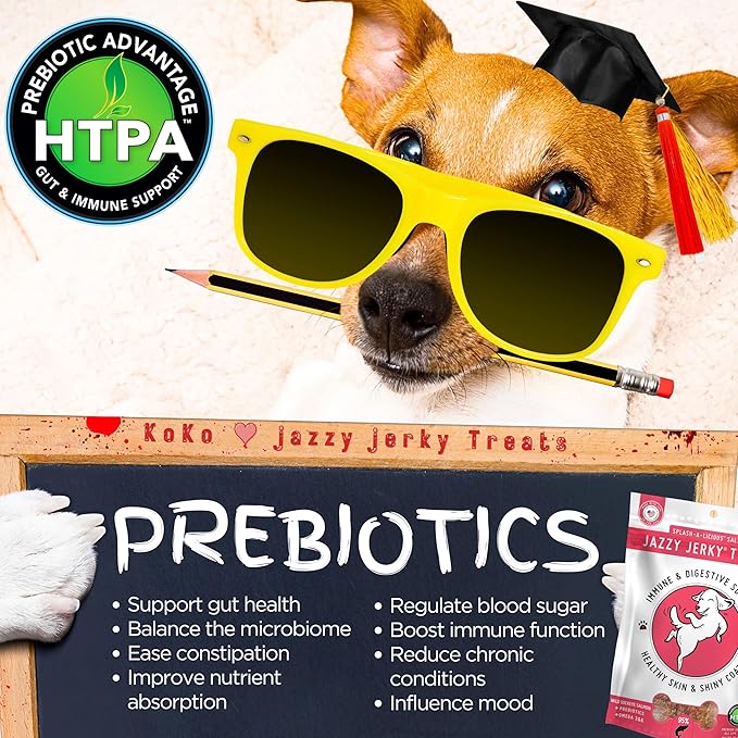 Jazzy JerkyTreats for Dogs, Splash-A-Licious Salmon with Prebiotics for Gut & Immune Health, Omega 3s & 6s for Skin & Coat Health, Made in USA, Small-Large Pet, All Life Stages, 10 oz