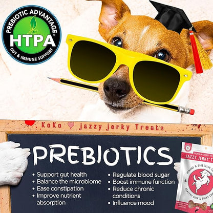 Jazzy JerkyTreats for Dogs, Splash-A-Licious Salmon with Prebiotics for Gut & Immune Health, Omega 3s & 6s for Skin & Coat Health, Made in USA, Small-Large Pet, All Life Stages, 10 oz