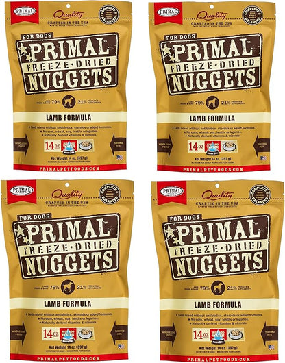 Primal Freeze Dried Dog Food Nuggets, Lamb; Complete & Balanced Meal; Also Use as Topper or Treat; Premium, Healthy, Grain Free, High Protein Raw Dog Food, 14 oz (Pack of 4)