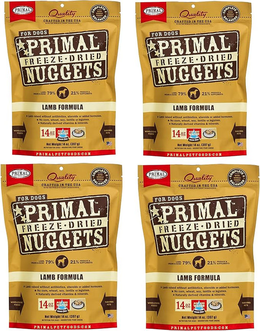 Primal Freeze Dried Dog Food Nuggets, Lamb; Complete & Balanced Meal; Also Use as Topper or Treat; Premium, Healthy, Grain Free, High Protein Raw Dog Food, 14 oz (Pack of 4)