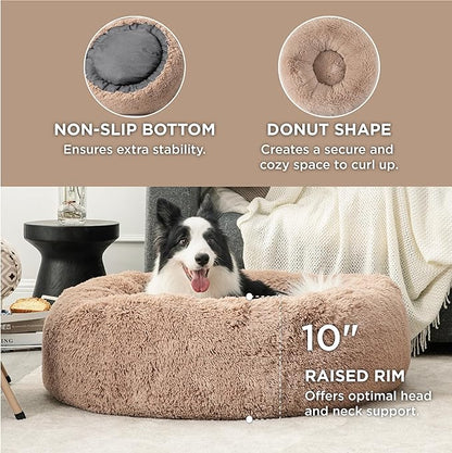 Bedsure Calming Dog Bed for Large Dogs - Donut Washable Large Pet Bed, 36 inches Anti Anxiety Round Fluffy Plush Faux Fur Dog Bed, Fits up to 100 lbs Pets, Camel