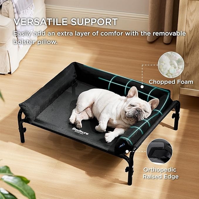 Bedsure Elevated Raised Outdoor Dog Bed - Cooling Dog Cot Bed with Bolster for Medium Dog, Lifted Pet Bed with Durable Breathable Teslin Mesh, Dog Hammock Bed with Non-Slip Feet, Black, 32 inches