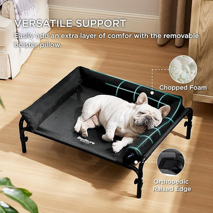 Bedsure Elevated Raised Outdoor Dog Bed - Cooling Dog Cot Bed with Bolster for Medium Dog, Lifted Pet Bed with Durable Breathable Teslin Mesh, Dog Hammock Bed with Non-Slip Feet, Black, 32 inches