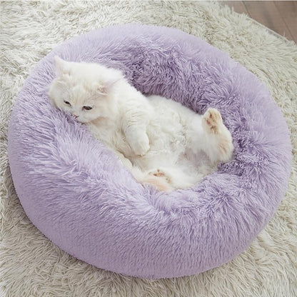 Bedsure Calming Cat Beds for Indoor Cats - Small Cat Bed Washable 20 inches, Anti-Slip Round Fluffy Plush Faux Fur Pet Bed, Fits up to 15 lbs Pets, Purple