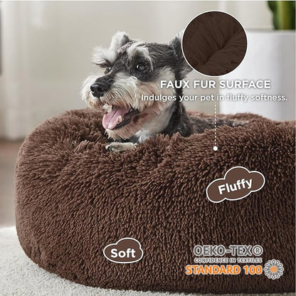 Bedsure Calming Dog Bed for Small Dogs - Donut Washable Small Pet Bed, 23 inches Anti-Slip Round Fluffy Plush Faux Fur Large Cat Bed, Fits up to 25 lbs Pets, Coffee