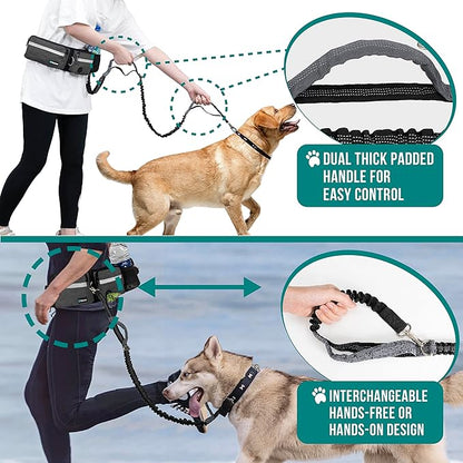PetAmi Hands Free Dog Leash, Dog Running Leash Belt Bag for Walking, Jogging, Dog Waist Double Zipper Pouch with Poop Bag Dispenser, Dual Padded Handles Reflective Bungee Leash, Double