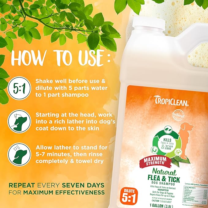 TropiClean Maximum Strength Natural Flea and Tick Dog Shampoo | Natural Flea and Tick Prevention for Dogs | Made in the USA | 1 gallon