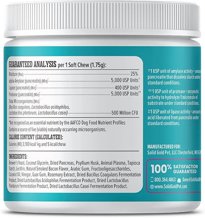 Solid Gold Dog Probiotic Chews - Bacon Flavor Soft Chews for Dog Digestive Support - Mellow Belly Probiotic for Dogs with Fiber & Digestive Enzymes for Bowel Support & Gut Health - 120 Count