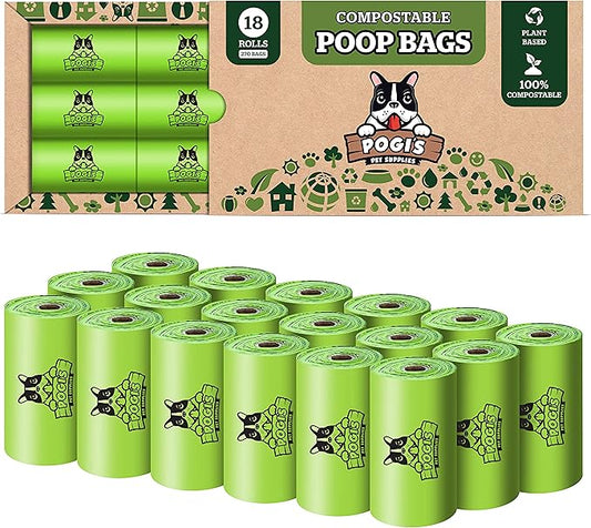 Pogi's Compostable Dog Poop Bags - 18 Rolls (270 Doggie Poop Bags) - Leak-Proof Dog Waste Bags, Plant-based ASTM D6400, EN 13432 Certified Extra Large Poop Bags for Dogs