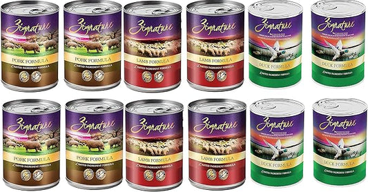 (12 Pack) Zignatur Grain-Free Canned Dog Food 3 Flavor (4 Lamb, 4 Duck, 4 Pork) 13 Ounces Per Can