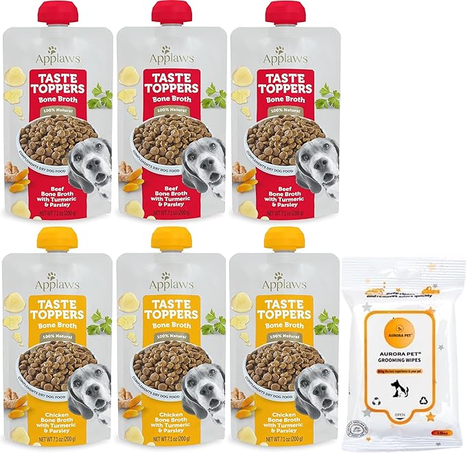Variety Pack (6) Applaws Taste Toppers Bone Broth Wet Dog Food Topper [3 Beef, 3 Chicken] with Turmeric & Parsley (7.1 oz Each) with AuroraPet Wipes
