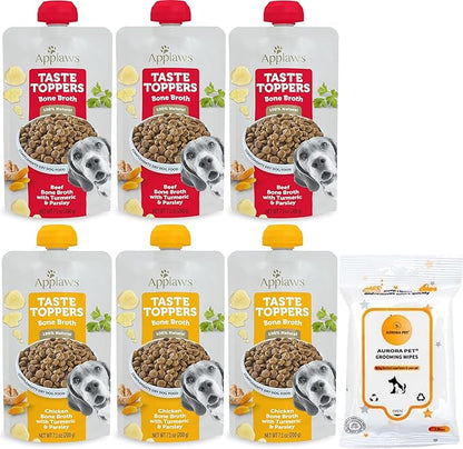 Variety Pack (6) Applaws Taste Toppers Bone Broth Wet Dog Food Topper [3 Beef, 3 Chicken] with Turmeric & Parsley (7.1 oz Each) with AuroraPet Wipes