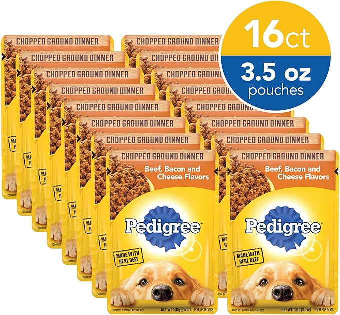 PEDIGREE CHOPPED GROUND DINNER Adult Soft Wet Dog Food, Beef, Bacon & Cheese Flavors, 3.5 oz Pouches, 16 Pack