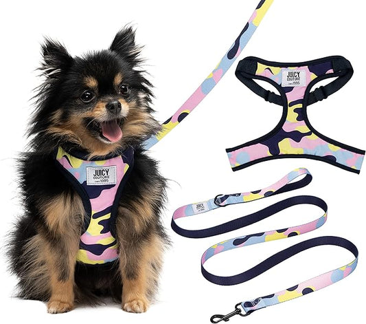 Juicy Couture Colorful Camo Dog Harness and Leash Set – Adjustable Puppy Harness with Puppy Leash & Mesh Padding Dog Harness, Small