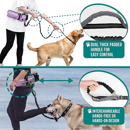 PetAmi Hands Free Dog Leash, Dog Running Leash Belt Bag for Walking, Jogging, Dog Waist Double Zipper Pouch with Poop Bag Dispenser, Dual Padded Handles Reflective Bungee Leash, Double