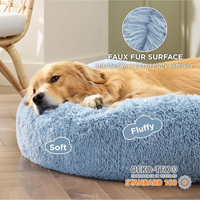 Bedsure Calming Dog Bed for Extra Large Dogs - Donut Washable Large Pet Bed, Anti-Slip Round Fluffy Plush Faux Fur Dog Bed, Fits up to 125 lbs Pets, Blue, 45 inches