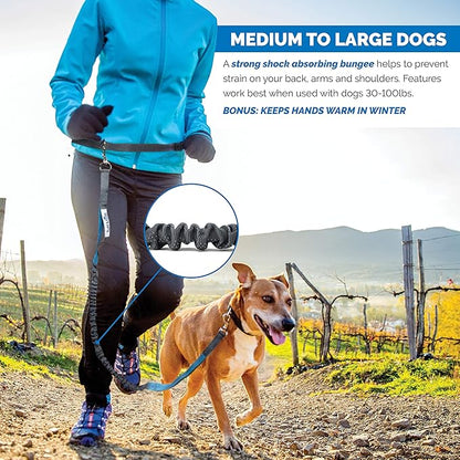 Hands Free Dog Leash for Running, Walking, Hiking, Durable Dual-Handle Bungee Leash is 4 Feet Long with Reflective Stitching, and an Adjustable Waist Belt That Fits up to 42 Inch Waist