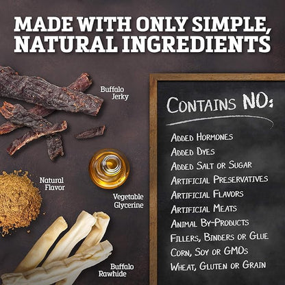 Rawhide Dog Treats | Healthy, Grass-Fed Buffalo Jerky Raw Hide Chews | Hickory Smoked Flavor | Jerky Twist, 16 Count