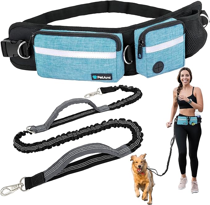 PetAmi Hands Free Dog Leash, Dog Running Leash Belt Bag for Walking, Jogging, Dog Waist Double Zipper Pouch with Poop Bag Dispenser, Dual Padded Handles Reflective Bungee Leash, Single Turquoise
