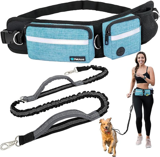 PetAmi Hands Free Dog Leash, Dog Running Leash Belt Bag for Walking, Jogging, Dog Waist Double Zipper Pouch with Poop Bag Dispenser, Dual Padded Handles Reflective Bungee Leash, Single Turquoise