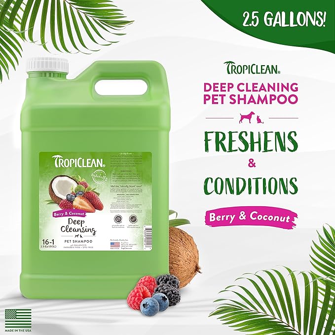 TropiClean Berry & Coconut Deep Cleansing Dog Shampoo | Deodorizing Dog Shampoo | Natural Pet Shampoo Derived from Natural Ingredients | Cat Friendly | Made in the USA | 2.5 gallon