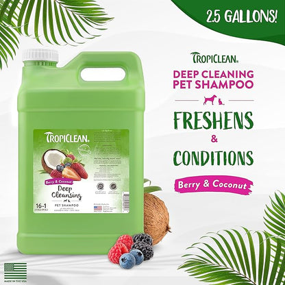 TropiClean Berry & Coconut Deep Cleansing Dog Shampoo | Deodorizing Dog Shampoo | Natural Pet Shampoo Derived from Natural Ingredients | Cat Friendly | Made in the USA | 2.5 gallon