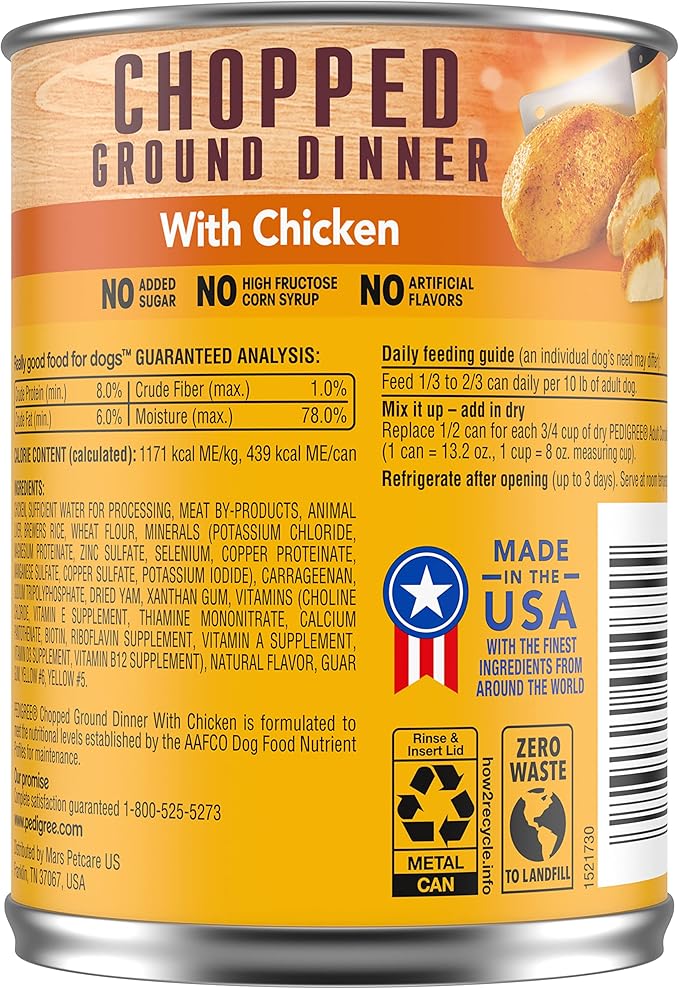 PEDIGREE CHOPPED GROUND DINNER Adult Canned Soft Wet Dog Food with Chicken, 13.2 oz. Cans (Pack of 12)