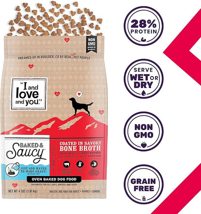 I AND LOVE AND YOU" Baked and Saucy Dry Dog Food with Gravy Coating, Beef and Sweet Potato Recipe, Grain Free, Coated in Bone Broth, Prebiotics and Probiotics, Real Meat, No Fillers, 21 lb Bag