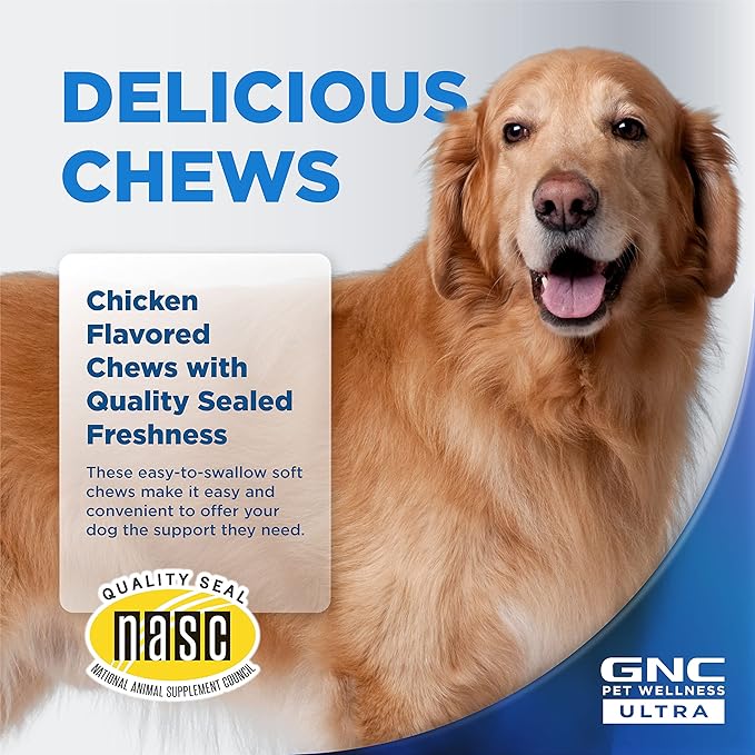 GNC Pets ULTRA Skin & Coat Soft Chews, All Dogs, Chicken Flavor. 60-ct in a 16-oz Canister | Daily Supplement for Skin & Coat for Dogs in Chewable Chicken Flavor