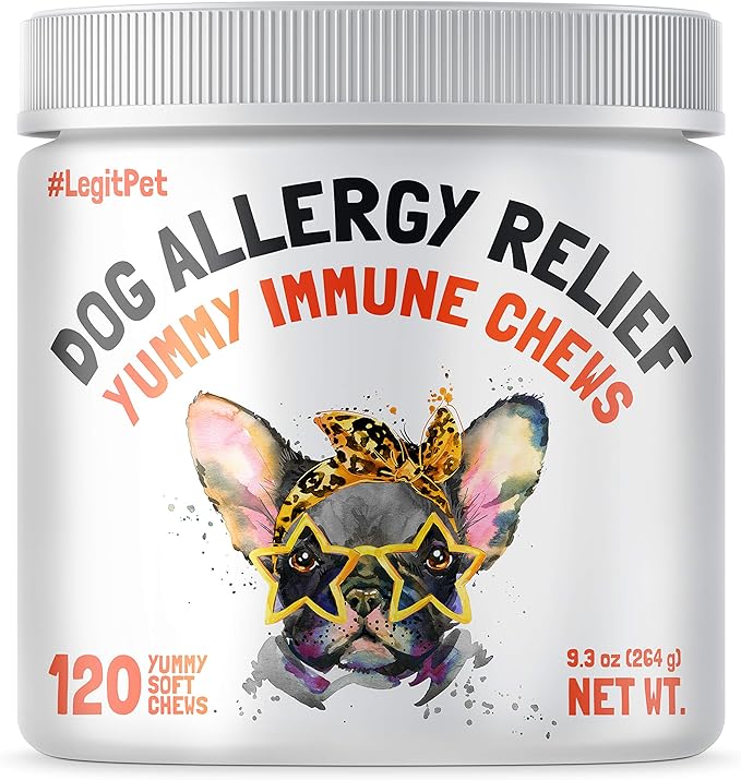 Allergy Relief Chews for Dogs & Immune & Digestive Supplement with Wild Salmon Oil Kelp Colostrum Turmeric Probiotics & Bee Pollen for Seasonal Allergies Anti Itch, Skin Hot Spots Soft Treats