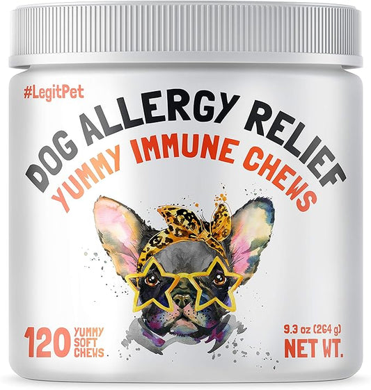 Allergy Relief Chews for Dogs & Immune & Digestive Supplement with Wild Salmon Oil Kelp Colostrum Turmeric Probiotics & Bee Pollen for Seasonal Allergies Anti Itch, Skin Hot Spots Soft Treats