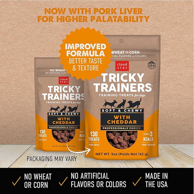 Cloud Star Tricky Trainers Soft & Chewy Dog Training Treats 5 oz Pouch, Cheddar Flavor, Low Calorie Behavior Aid with 130 treats