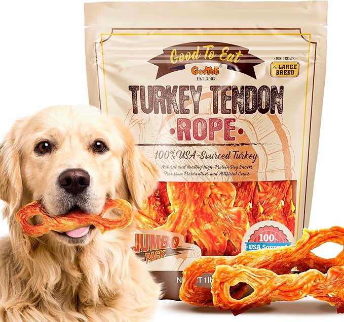 Gootoe Turkey Tendon Dog Treats – 100% USA-Sourced, Natural Snack, Premium Training Chews, Hypoallergenic, Reseal Value Bags, Sizes for Small Medium & Large Dogs, Rope (L) Jumbo Pack, 1 lb (Pack of 1)