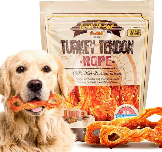 Gootoe Turkey Tendon Dog Treats – 100% USA-Sourced, Natural Snack, Premium Training Chews, Hypoallergenic, Reseal Value Bags, Sizes for Small Medium & Large Dogs, Rope (L) Jumbo Pack, 1 lb (Pack of 1)