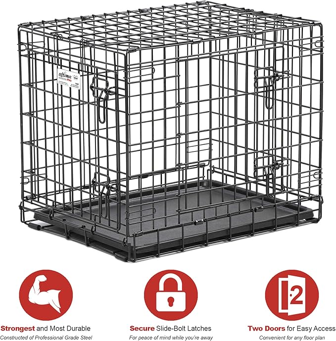MidWest Homes for Pets Ultima Pro Series 24' Dog Crate | Extra-Strong Double Door Folding Metal Dog Crate w/Divider Panel, Floor Protecting 'Roller Feet' & Leak-Proof Plastic Pan