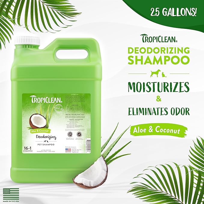 TropiClean Aloe & Coconut Deodorizing Dog Shampoo for Smelly Dogs | Odor Control Shampoo for Stinky Dogs | Natural Pet Shampoo Derived from Natural Ingredients | Cat Friendly | Made in USA | 2.5 gal.