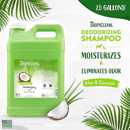 TropiClean Aloe & Coconut Deodorizing Dog Shampoo for Smelly Dogs | Odor Control Shampoo for Stinky Dogs | Natural Pet Shampoo Derived from Natural Ingredients | Cat Friendly | Made in USA | 2.5 gal.